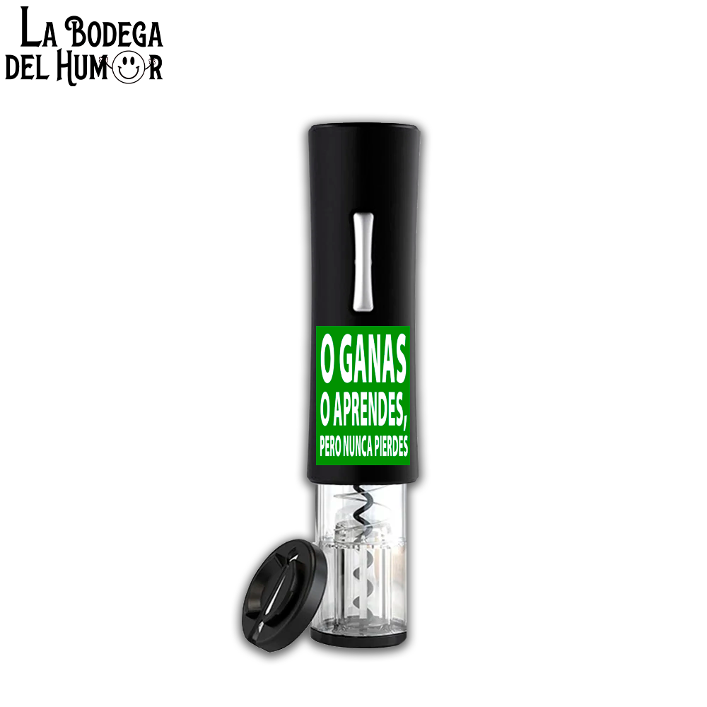 Sacacorchos Eléctrico Negro "O ganas o aprendes, pero nunca pierdes"